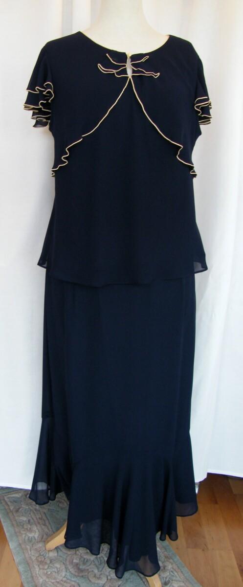 Jacques Vert VINTAGE MONACO RANGE NAVY CREPE CHIFFON SKIRT & TOP PIPED IN N YELLOW MATCHING LEMON YELLOW JACKET NAVY BRAID DETAIL