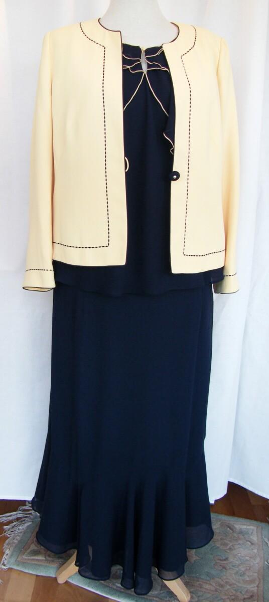 jacques vert VINTAGE MONACO RANGE NAVY CREPE CHIFFON SKIRT & TOP PIPED IN N YELLOW MATCHING LEMON YELLOW JACKET NAVY BRAID DETAIL