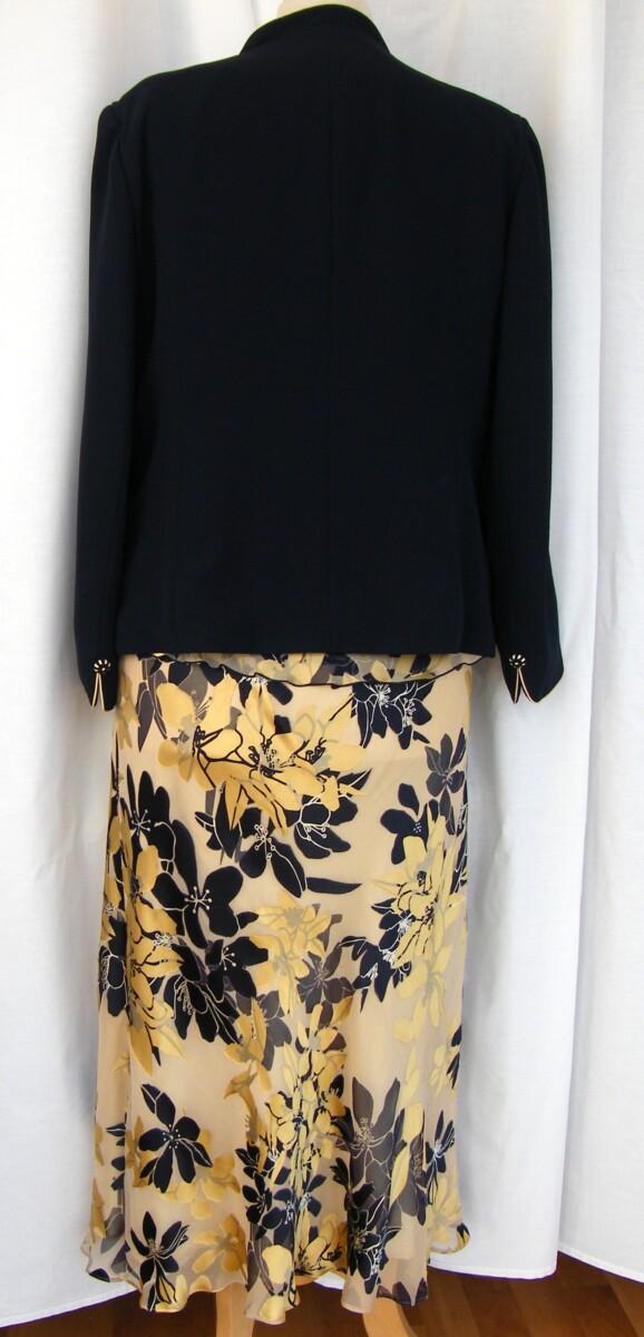 Jacques Vert VINTAGE MONACO RANGE YELLOW SILK DEVORE SKIRT & TOP MIMOSA PRINT MATCHING NAVY JACKET PIPED IN YELLOW