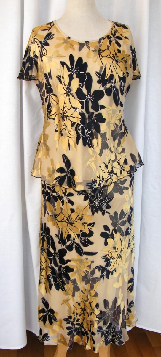 Jacques Vert VINTAGE MONACO RANGE YELLOW SILK DEVORE SKIRT & TOP MIMOSA PRINT MATCHING NAVY JACKET PIPED IN YELLOW