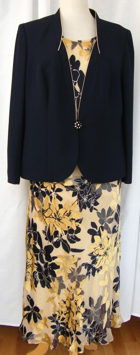 jacques vert VINTAGE MONACO RANGE YELLOW SILK DEVORE SKIRT & TOP MIMOSA PRINT MATCHING NAVY JACKET PIPED IN YELLOW