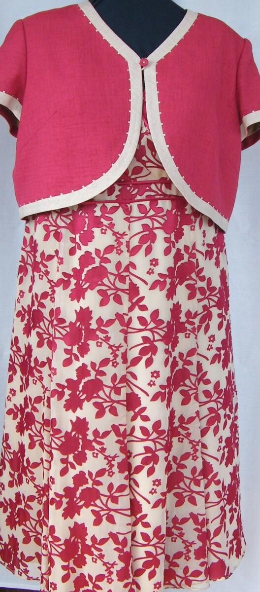 jacques vert VINTAGE POPPY & OATMEAL RANGE OATMEAL ORGANZA DRESS RED FLORAL DEVORE & MATCHING LINEN LOOK SHORT JACKET