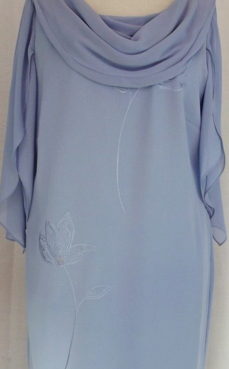 Jacques Vert VIOLET BLUE CREPE EMBROIDERED SHIFT DRESS CHIFFON SCARF NECKLINE SLEEVES & MATCHING COAT