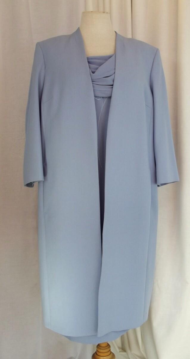 jacques vert VIOLET BLUE CREPE EMBROIDERED SHIFT DRESS CHIFFON SCARF NECKLINE SLEEVES & MATCHING COAT