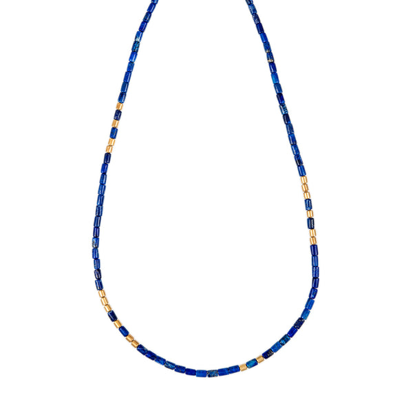 jacquie aiche 18 Gold Beads + Lapis Tube Beaded Necklace
