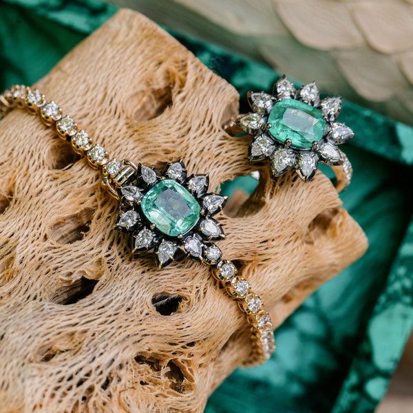 Jacquie Aiche Black Rhodium Emerald Center Teardrop Diamond Flower Sophia Bracelet