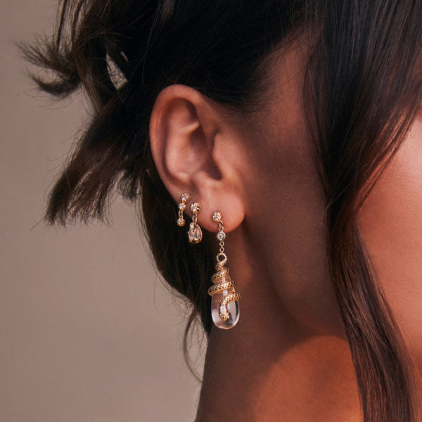 Jacquie Aiche Diamond Snake Wrapped Clear Quartz Droplet Earrings