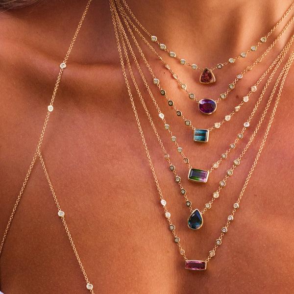 Jacquie Aiche Faceted Pink Tourmaline Rectangle 10 Diamond Necklace
