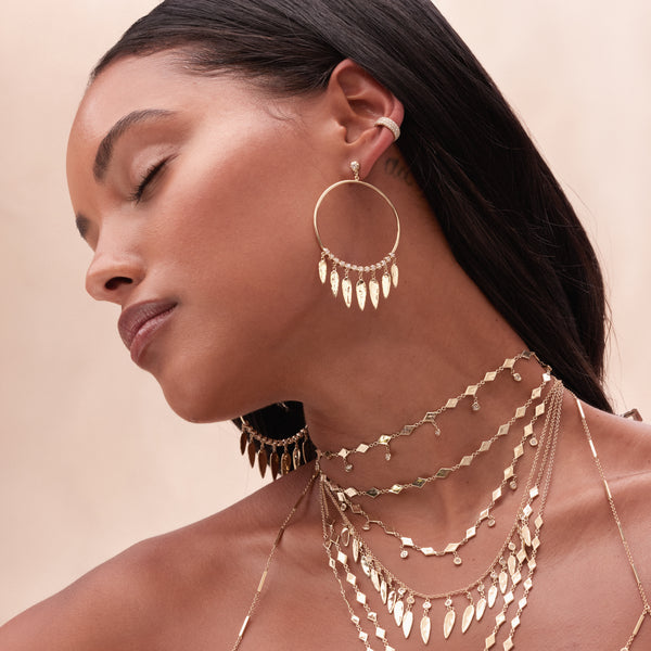 Jacquie Aiche FRONT FACING 13 DIAMOND HAMMERED ELONGATED TEARDROP SHAKER HOOPS