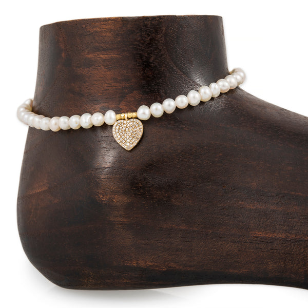 jacquie aiche Pave Heart Charm Pearl Beaded Anklet