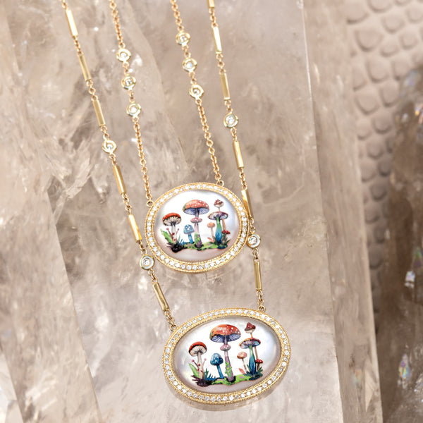 Jacquie Aiche Large Hand Painted Mushroom Garden On Mother Of Pearl Smooth Bar Necklace