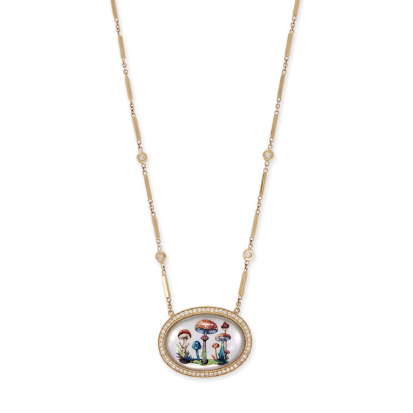 jacquie aiche Large Hand Painted Mushroom Garden on Mother of Pearl Smooth Bar Necklace