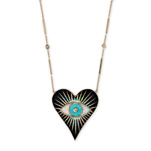 Jacquie Aiche LARGE ONYX OPAL TURQUOISE INLAY EYE BURST HEART NECKLACE