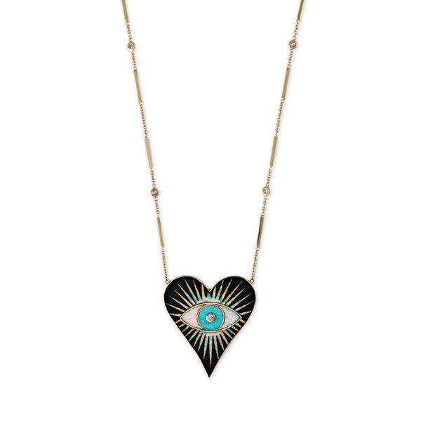 jacquie aiche LARGE ONYX OPAL TURQUOISE INLAY EYE BURST HEART NECKLACE