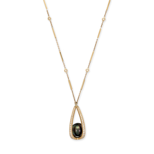 jacquie aiche Large Pavé Cage With Black Pearl Smooth Bar Necklace