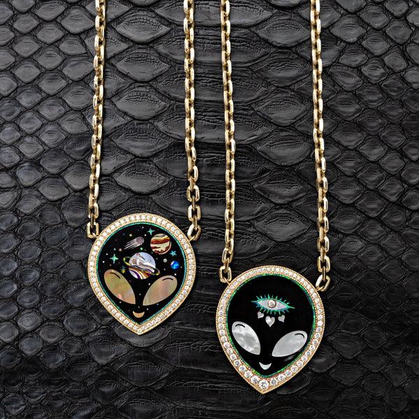 Jacquie Aiche Large Pavé Onyx + Pearl Alien Galaxy Inlay MOE Chain Necklace