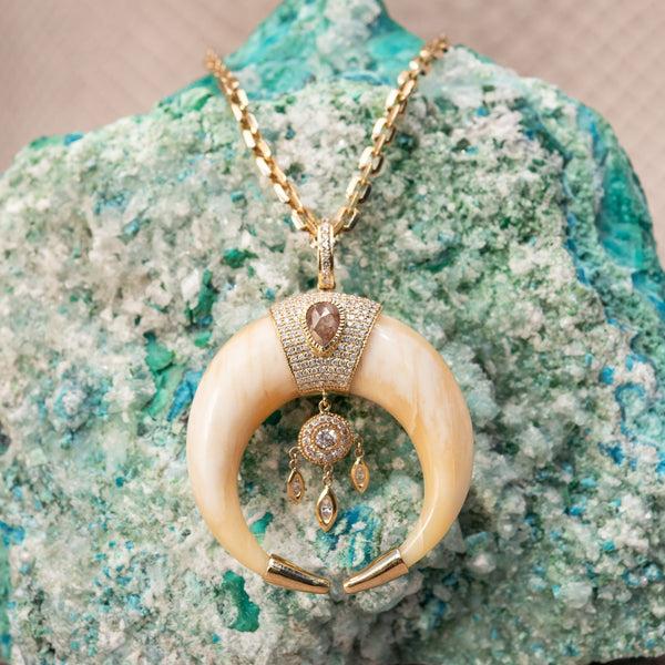 Jacquie Aiche Large Pave Rose Cut Cap Bone Double Horn Dreamcatcher Shaker Charm