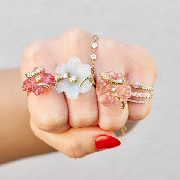 Jacquie Aiche Large Snake Wrapped Pink Tourmaline Flower Pave Ring