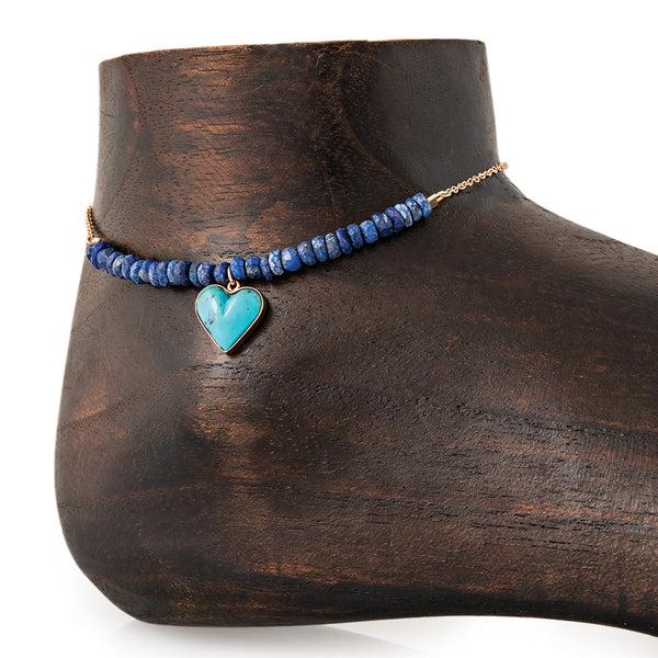 jacquie aiche MINI TURQUOISE HEART CHARM PARTIAL LAPIS BEADED ANKLET