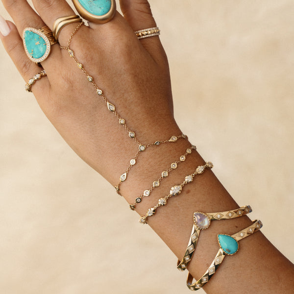 Jacquie Aiche Moonstone Teardrop Center Diamond Kite Engraved V Cuff Bracelet