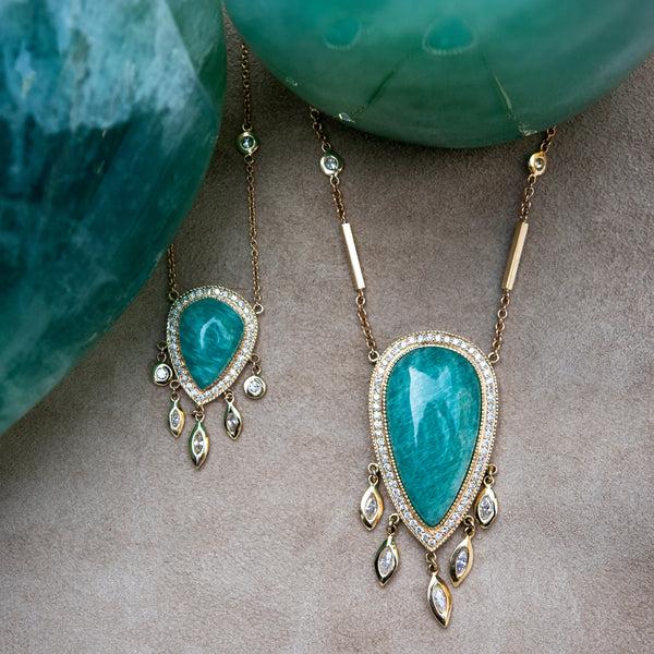 Jacquie Aiche PAVE AMAZONITE TEARDROP + 5 MARQUISE DIAMOND SHAKER SMOOTH BAR NECKLACE