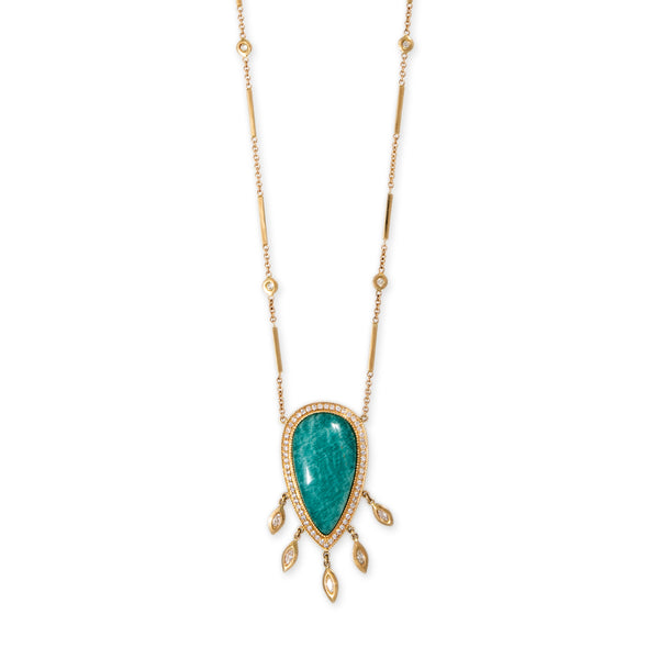 jacquie aiche PAVE AMAZONITE TEARDROP + 5 MARQUISE DIAMOND SHAKER SMOOTH BAR NECKLACE