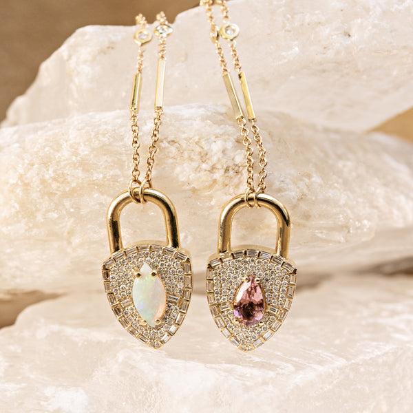 Jacquie Aiche Pavé + Baguette Diamond Gemstone Lock Smooth Bar Necklace