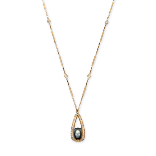jacquie aiche Pavé Cage With Black Pearl Smooth Bar Necklace