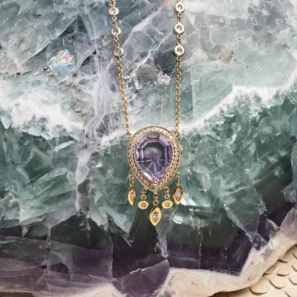 Jacquie Aiche Pavé Carved Eye Burst Amethyst Teardrop Shaker Necklace