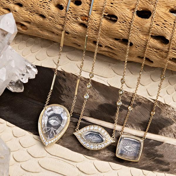Jacquie Aiche Pavé Carved Eye Burst Clear Quartz Marquise Necklace