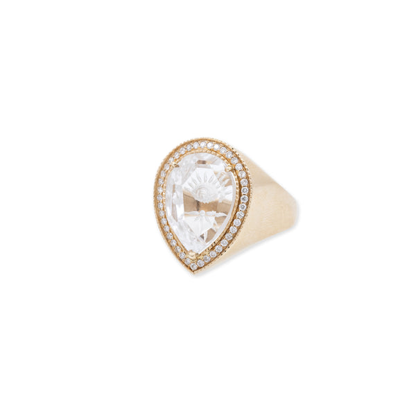 Jacquie Aiche Pave Carved Eye Burst Clear Quartz Teardrop Ring