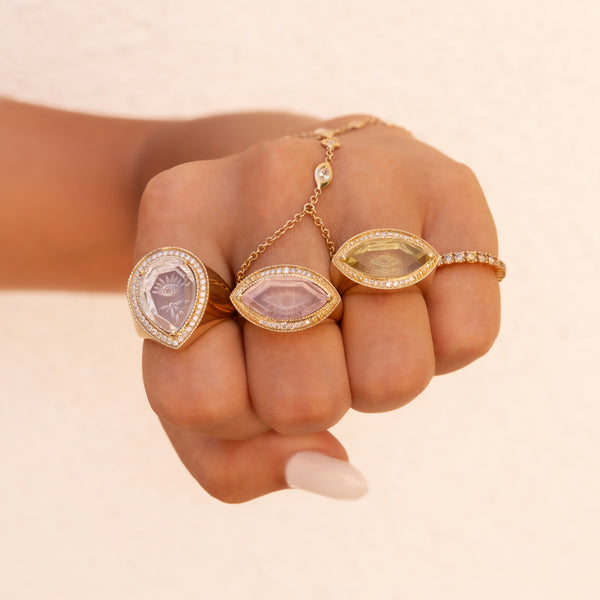 Jacquie Aiche Pave Carved Eye Burst Rose Quartz Marquise Ring