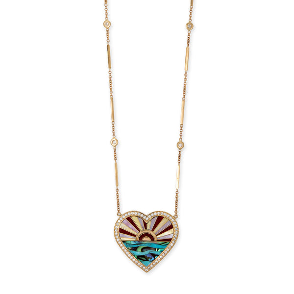 jacquie aiche Pavé Coral Sunshine Inlay Heart Smooth Bar Necklace