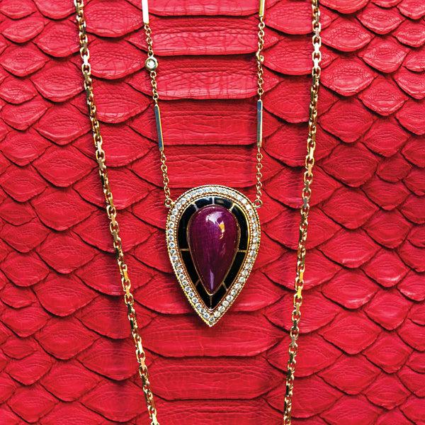 Jacquie Aiche Pavé Diamond Onyx Inlay Ruby Teardrop Center Necklace