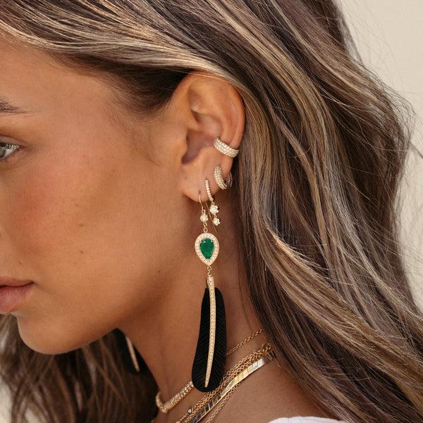 Jacquie Aiche Pave Emerald Teardrop + Pave Black Horn Feather Earrings