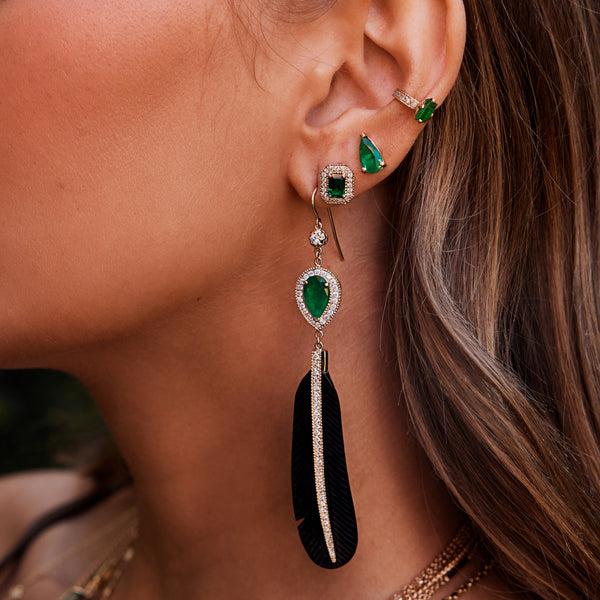 Jacquie Aiche Pave Emerald Teardrop + Pave Black Horn Feather Earrings