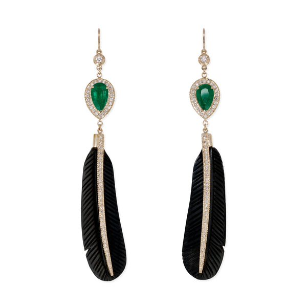 jacquie aiche Pave Emerald Teardrop + Pave Black Horn Feather Earrings