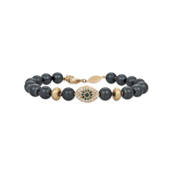 jacquie aiche Pave Eye and Scarab Bead + Gold and Grey Hematite Beaded Stretch Bracelet
