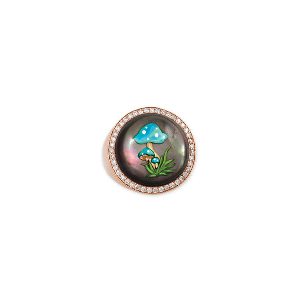 jacquie aiche Pave Hand Painted Blue Mushroom on Black Mother of Pearl Signet Ring