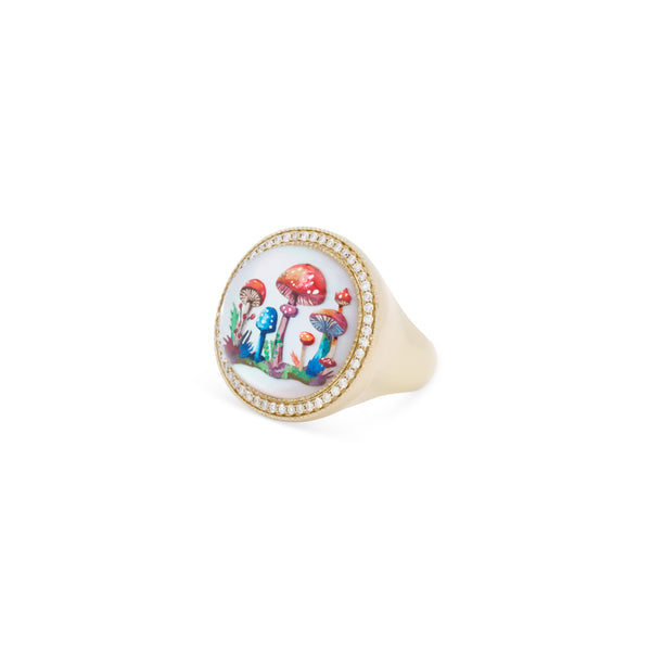 Jacquie Aiche Pave Hand Painted Mushroom Garden On Mother Of Pearl Signet Ring