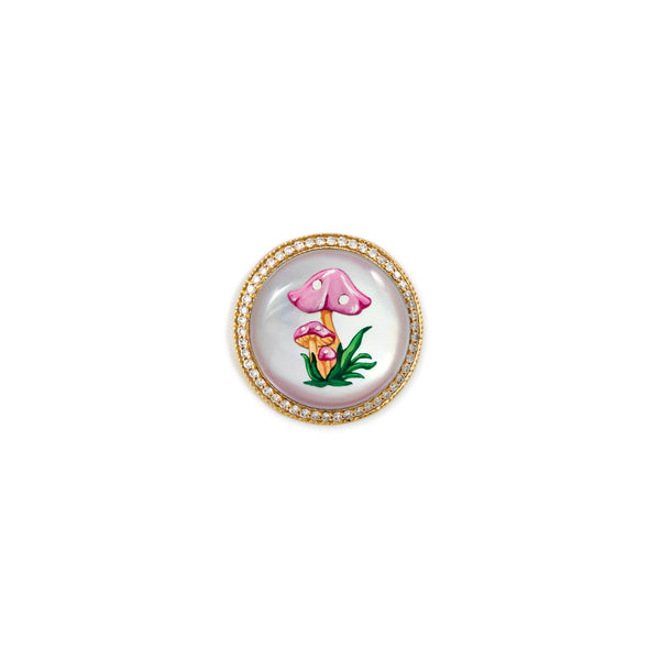 jacquie aiche Pave Hand Painted Pink Mushroom on Mother of Pearl Signet Ring