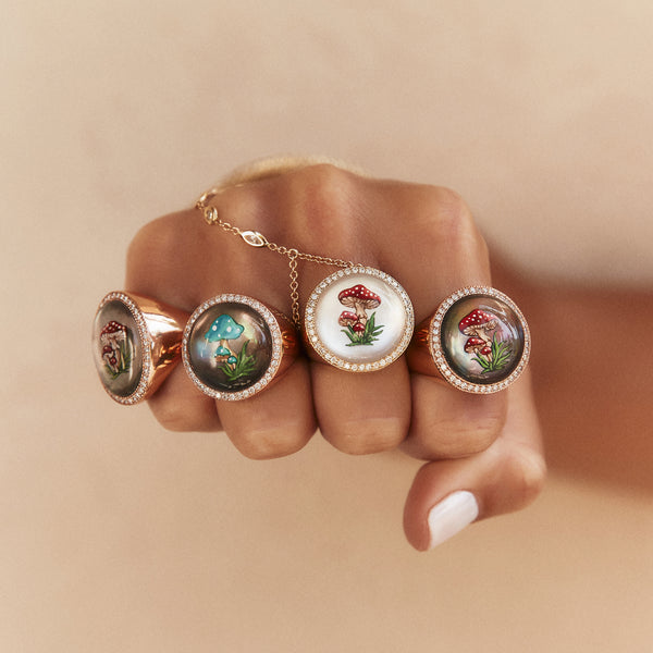 Jacquie Aiche Pave Hand Painted Red Mushroom On Black Mother Of Pearl Signet Ring