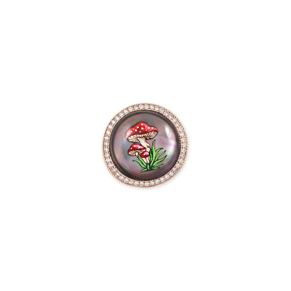 jacquie aiche Pave Hand Painted Red Mushroom on Black Mother of Pearl Signet Ring