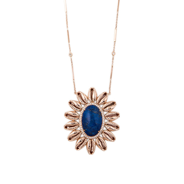 Jacquie Aiche PAVE LAPIS COWRIE SHELL BLOSSOM NECKLACE