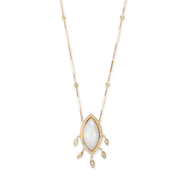 jacquie aiche PAVE MOONSTONE MARQUISE + 5 MARQUISE DIAMOND SHAKER SMOOTH BAR NECKLACE