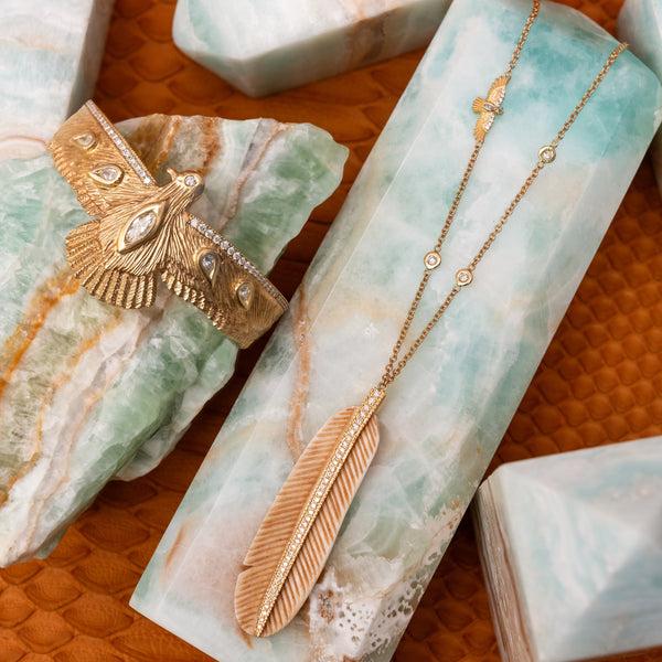 Jacquie Aiche Pave Natural Bone Feather + Baby Thunderbird Necklace