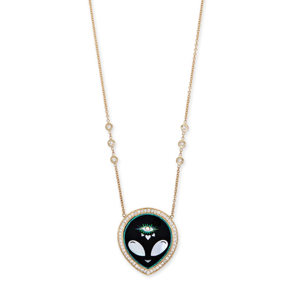 jacquie aiche Pavé Onyx + Pearl Alien Heart Eye Inlay Necklace