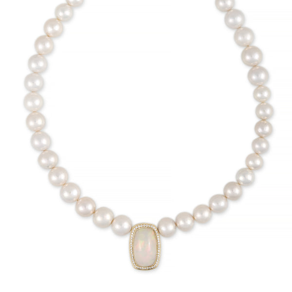 jacquie aiche Pavé Opal Rounded Rectangle Center Freshwater Pearl Beaded Necklace