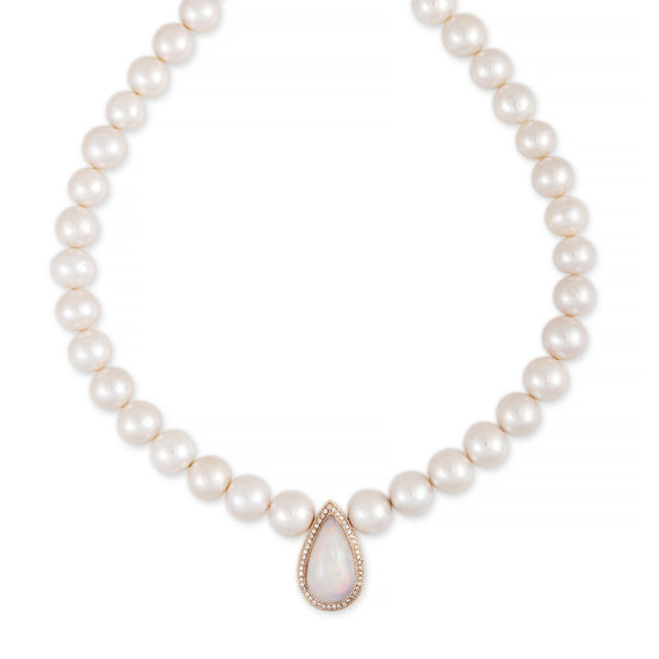 jacquie aiche Pavé Opal Teardrop Center Freshwater Pearl Beaded Necklace