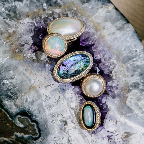 Jacquie Aiche Pave Oval Onyx + Opal Diamond Starburst Ring